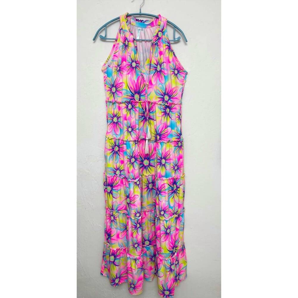 NEW BEACHTIME flower print ruffle row long dress in neon pink/multi-color